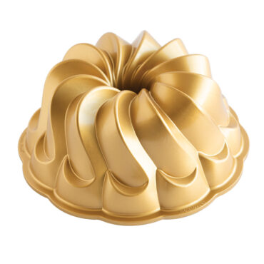 Nordic Ware Pirouette aluminum bundt pan with elegant swirled fluted design, cast aluminum construction