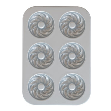 Nordic Ware aluminum French Twist donut pan interior showing 12 twisted fluted cavities, natural finish