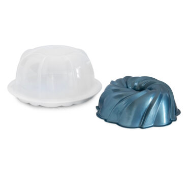 Nordic Ware aluminum swirl bundt pan with clear plastic cake keeper dome, showing decorative spiral pattern