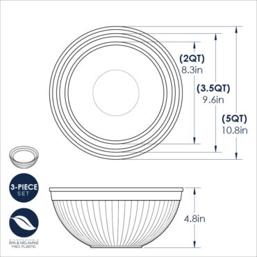Three white melamine mixing bowls with pour spouts and measurement markings, nested together showing 2, 3.5, and 5 quart sizes