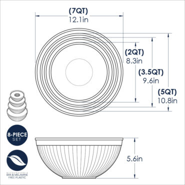 Technical diagram showing dimensions and measurements for Nordic Ware 8-piece white covered bowl set with various bowl sizes