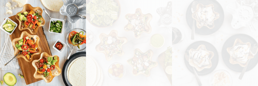 A gif with three images featuring Nordic Ware's Tortilla Bowl Maker. The first image is of three Baja Tortilla Taco Bowls on a wooden board surrounded by half of an avocado, a crumbed block of queso fresco, a plate of uncooked tortilla, the Tortilla Bowl Makers, and bowls of lime, peppers, and green onions. The second image featured is of three Southwest Sweet Potato Tortilla Salad Bowls on a granite counter top surrounded by uncooked tortillas, the Tortilla Bowl Maker, a board of cilantro and limes, and bowls of lettuce, tomatoes, radishes, and a green salad dressing. The Third image features three Gluten Free Cinnamon Sugar Tortilla Ice Cream Bowls topped with chocolate sauce, dulce de leche, and coconut flakes on black plates surrounded by coconut flakes, hot fudge, and the Tortilla Bowl Maker.