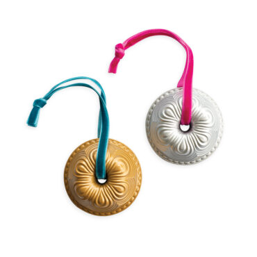 Nordic Ware cast aluminum Chiffon Bundt ornaments in silver and gold finish, miniature decorative versions