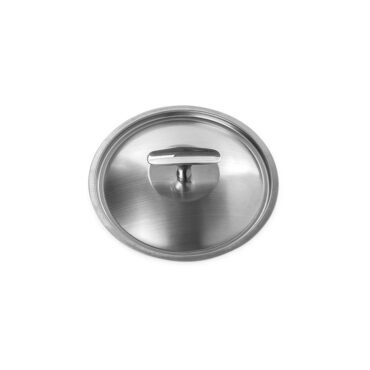Nordic Ware 8-inch aluminum lid with white ceramic knob handle, circular design on white background