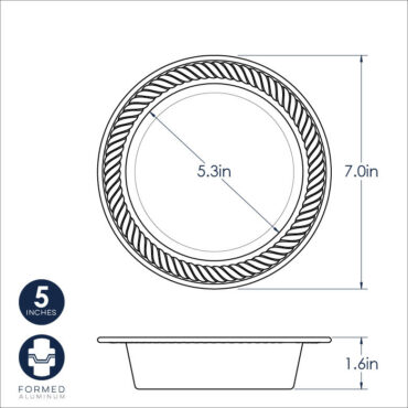 Technical drawing showing dimensions and measurements of Nordic Ware 5-inch aluminum mini pie pan