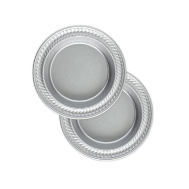 Two Nordic Ware aluminum mini pie pans, 5-inch round with fluted edges, natural silver finish