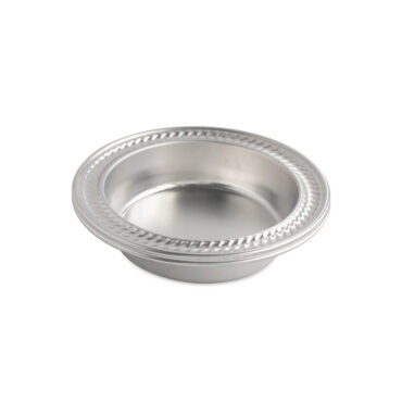 Two Nordic Ware aluminum mini pie pans stacked, 5-inch round baking dishes with natural silver finish