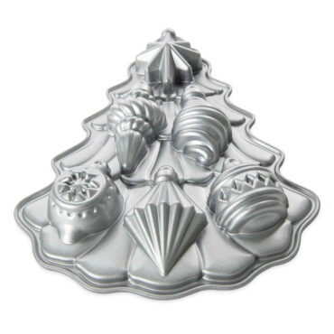 Nordic Ware aluminum Vintage Ornament Cakelet Pan with 6 ornament-shaped cavities, natural finish exterior
