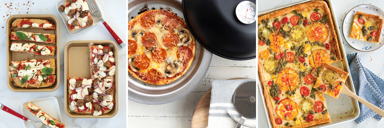 Three different pizza recipe images that weren't made in pizza specific pans. The first image features personal sized sheet pan focaccia pizzas made in Non-Stick Eighth Sheet Pans. The second image features a pepperoni wood-fired smoked pizza made in the Personal Size Stovetop Kettle Smoker. The third image features a sheet pan tomato and pesto pizza made in a Naturals® Baker's Half Sheet.