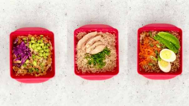 A gif of three ramen rush recipes with toppings appearing one at a time. The left Ramen Rush recipe is the spicy peanut sesame noodle recipe, the middle Ramen Rush recipe is the parmesan garlic noodles recipes, and the right Ramen Rush recipe is the classic ramen noodle recipe.