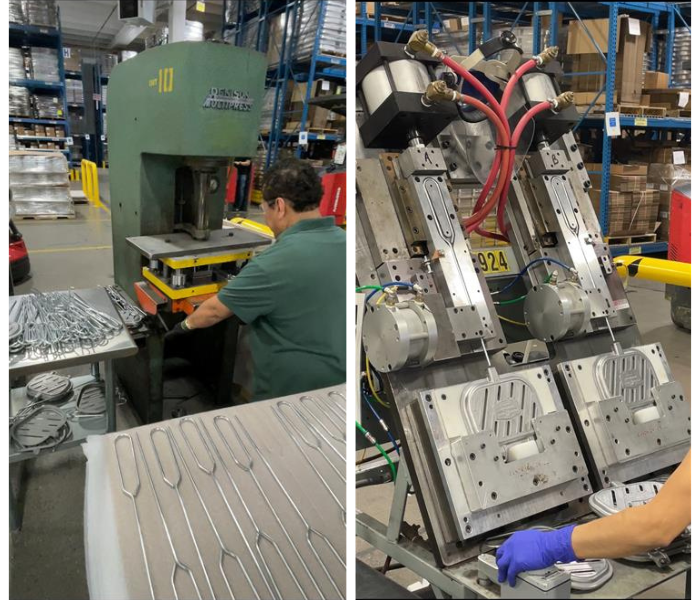 Two images. The image on the left is a behind the scenes photo of the machine that bends the handle of the Campfire Griller before it is inserted into the base. The image on the right is a behind the scenes photo of the machine that injects the handles of the Campfire Griller into both sides of the cast aluminum grill base simultaneously.