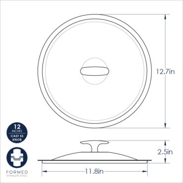 Technical diagram showing measurements and dimensions for Nordic Ware 12-inch Basalt skillet lid