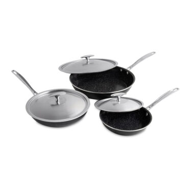Nordic Ware Basalt 6-piece cookware set with dark non-stick skillets and glass lids on white background
