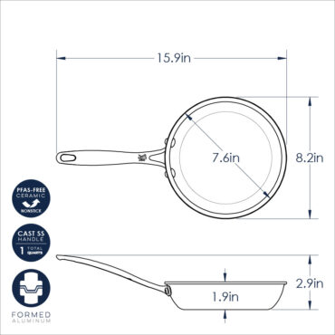 Nordic Ware Basalt 8-inch saute skillet with lid, black non-stick interior, dimensional technical drawing