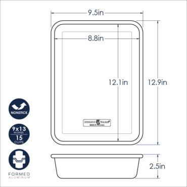 Technical drawing showing dimensions of Nordic Ware Brilliant rectangular 9x13 inch aluminum baking pan