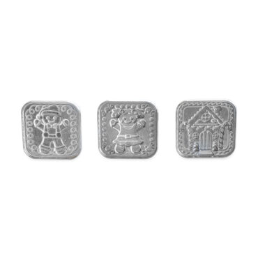 Nordic Ware white plastic gingerbread cookie stamps set, four round stamps with detailed holiday designs