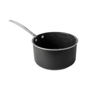Nordic Ware Basalt 3-quart aluminum sauce pan with lid, charcoal gray nonstick coating, angled view