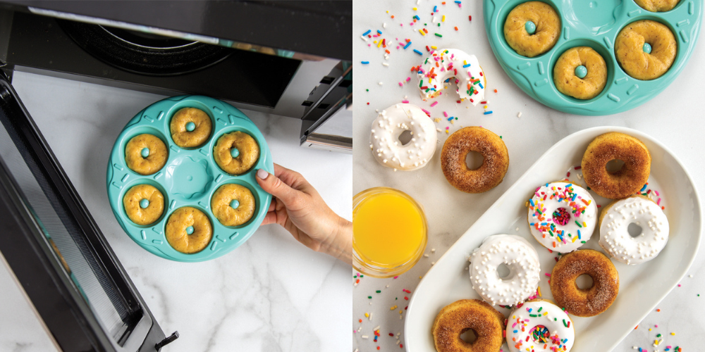 Two images. The Image on the left is a hand putting the microwave donuts in the Donut Bites Pan into a microwave. The image on the right is the baked micro donuts on a white plate next to the Donut Bites Pan that is full with additional baked donuts. The donuts on the white plate are decorated with cinnamon sugar or frosting and sprinkles.