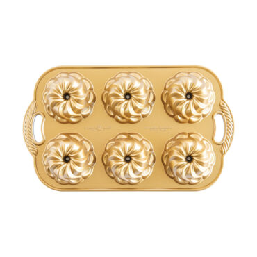 Nordic Ware aluminum Pirouette Bundtlette pan with six fluted mini bundt cavities, natural silver finish