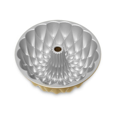 Nordic Ware aluminum Kaleidoscope bundt pan showing intricate geometric interior pattern, silver finish