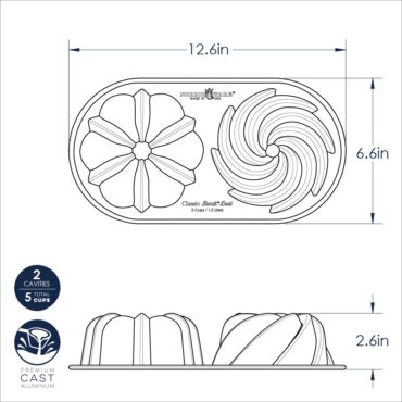 Nordic Ware Classic Bundt Duet pan, cast aluminum with two small fluted bundt cavities, natural finish