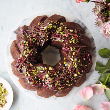 Visit Chocolate, Rose & Pistachio Bundt with Chocolate Ganache Recipe