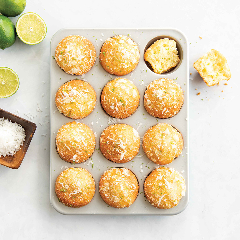 Image of coconut lime muffins baked in the Brilliant nonstick muffin pan, 12 cavity