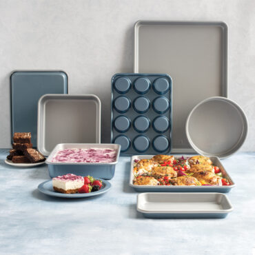 Nordic Ware Brilliant Bakeware 8-piece nonstick pan set with colorful handles, includes various sized baking pans