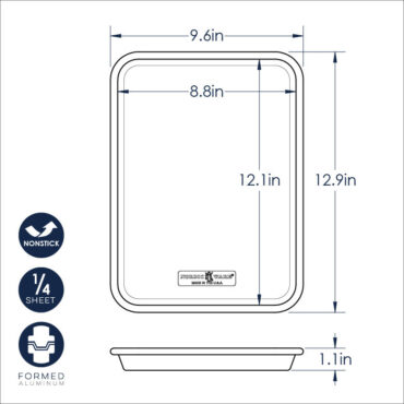 Technical diagram showing dimensions and measurements for Nordic Ware quarter sheet pan with specifications