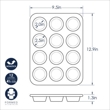 Nordic Ware nonstick 12-cup muffin pan, dark gray aluminum with rounded wells in 3x4 grid