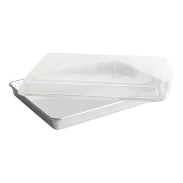 Nordic Ware aluminum rectangular baking pan with clear glass lid, natural silver finish