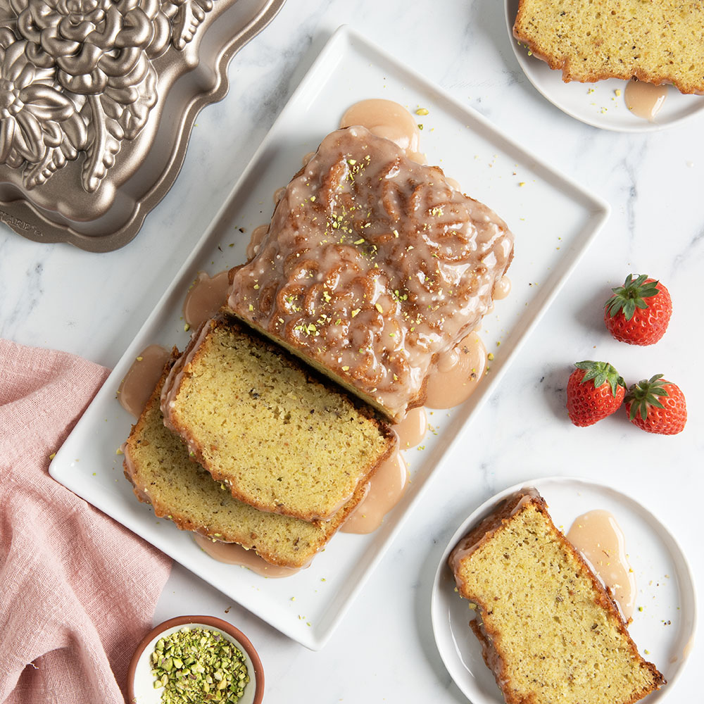 Visit Pistachio Wildflower Loaf Cake with Strawberry Glaze Recipe