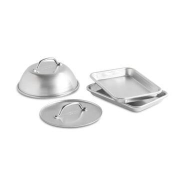 Nordic Ware aluminum grilling burger set with cheese melting dome, burger press, and perforated burger trays