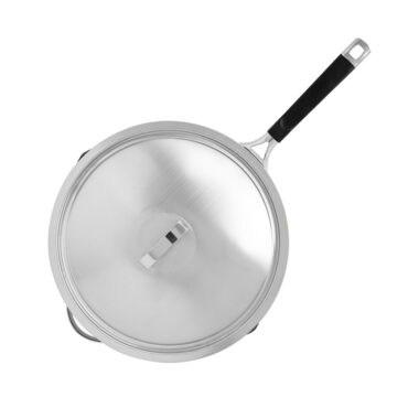 Nordic Ware Verde 12-inch ceramic nonstick skillet with lid, forest green exterior, cream interior, overhead view
