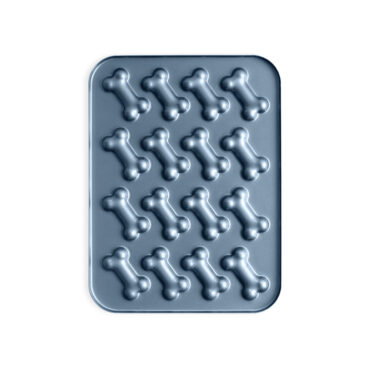 Nordic Ware aluminum baking pan with six puppy-shaped cavities, twilight blue non-stick coating