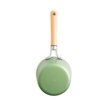 Nordic Ware 1.5-quart ceramic nonstick saucepan in cardamom color with long handle, overhead view