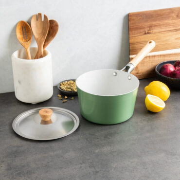 Nordic Ware Cardamom 3-quart saucepan with lid, non-stick aluminum cookware in warm bronze finish