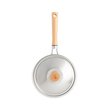 Nordic Ware Cardamom 8-inch nonstick saute pan with glass lid, cream exterior, aluminum construction