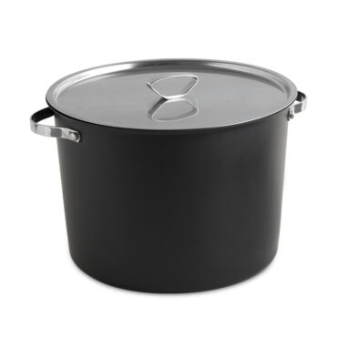 Nordic Ware Verde 20-quart aluminum stock pot with fitted lid, tall cylindrical shape, silver finish