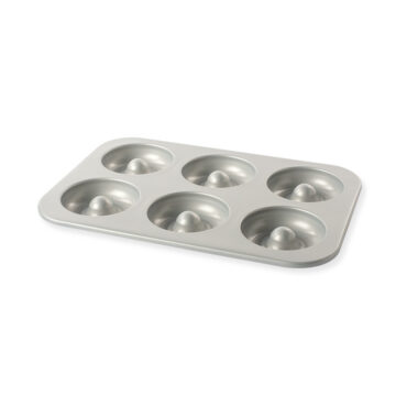 Nordic Ware aluminum donut pan with 12 cavities, red exterior and silver non-stick interior