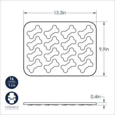 Nordic Ware Puppy Love Treat Pan dimensional drawing showing blue aluminum baking mold with puppy-shaped cavities