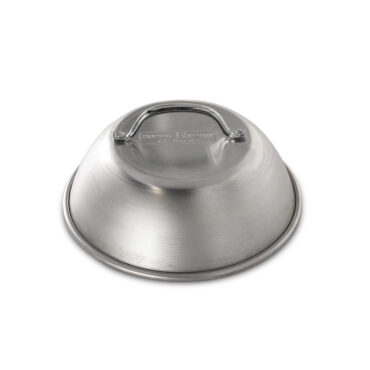 Nordic Ware aluminum cheese melting dome, round with handle, silver finish on white background
