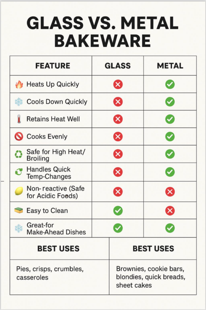Glass vs. Metal Bakeware Feature: Heats up Quickly. Glass does not, Metal does. Cools down quickly. Glass does not, Metal does. Retains heat well. Glass does not, Metal does. Cooks evenly. Glass does not, Metal does. Safe for high heat/broiling. Glass does not, Metal does. Handles quick temp-changes. Glass does not, Metal does. Non-reactive (safe for acidic foods). Glass does, Metal does not. Easy to clean. Glass does, Metal does not. Great for make-ahead dishes. Glass does, Metal does. Glass best uses are pies, crisps, crumbles, and casseroles. Metal best uses are brownies, cookie bars, blondies, quick breads, and sheet cakes.