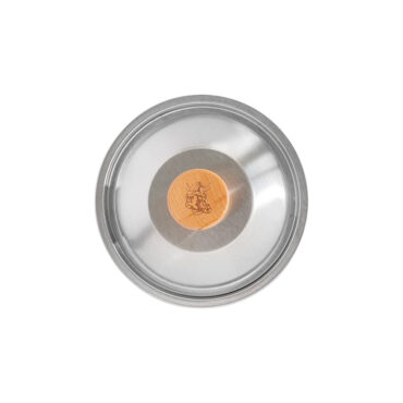 Nordic Ware 6-inch stainless steel lid with round shape and knob handle, overhead view on white background