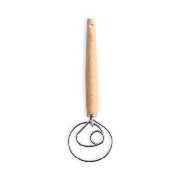 Nordic Ware wooden Danish whisk with coiled wire loops at end, natural wood handle