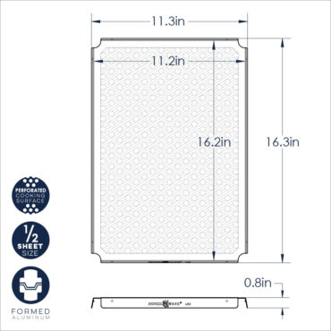 Technical drawing showing dimensions and measurements for Nordic Ware half sheet pan with wire cooling rack