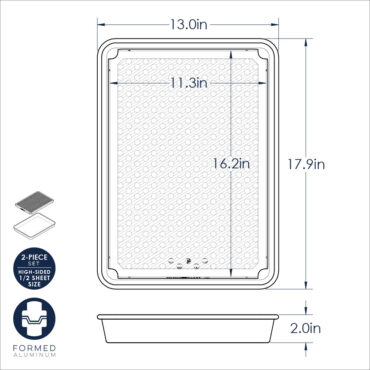 Nordic Ware aluminum half sheet pan with perforated cooling rack, natural finish, dimensional diagram