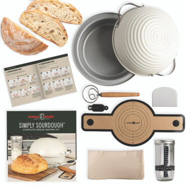 Basic Simply Sourdough Bread Kit product image with box and bread sample, overhead