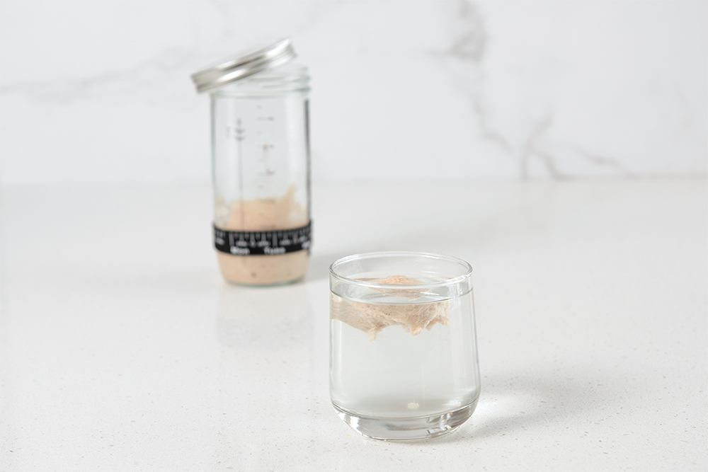 Image of the "float test" featuring some sourdough starter floating on the top of a glass of water. 