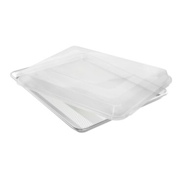 Nordic Ware Prism aluminum big sheet pan with clear plastic lid, rectangular baking pan in natural silver finish